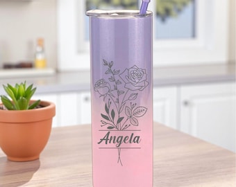 Birth Flower Personalized Tumbler with Name – Stainless Steel Cup Custom Floral Gift, Birth Month Flowers, Engraved Insulated Travel Mug