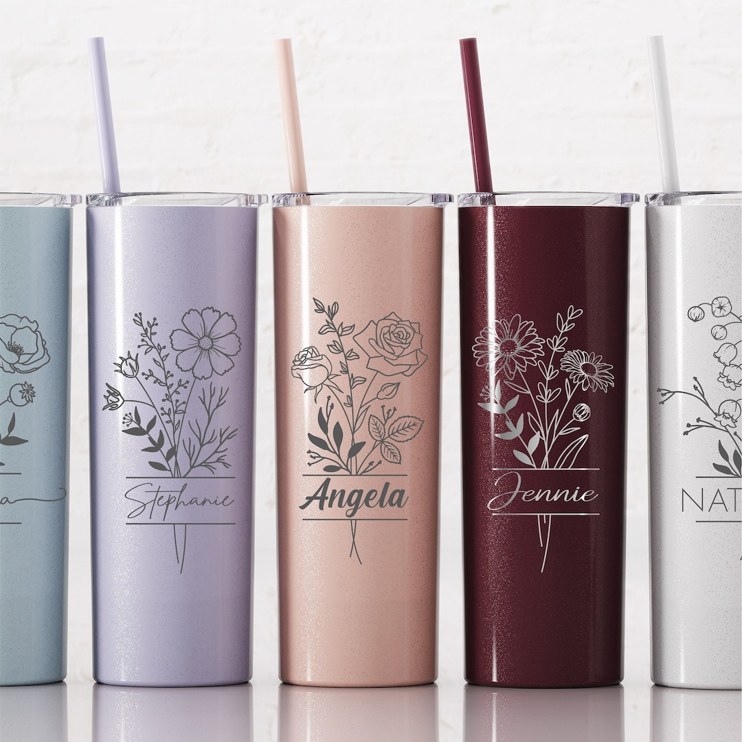 Birth Flower Personalized Tumbler With Straw, Birth Month Insulated