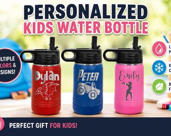Kids Water Bottle with Name | Personalized 12oz Stainless Steel Bottle with Straw | Back to School Gift | Boys and Girls