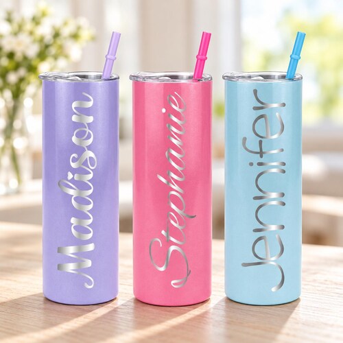 Personalized Skinny Tumbler with Name – Custom Engraved Insulated Cup with Lid & Straw for Bridesmaid Gift, Birthday or Girls Trip