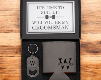 Set de regalo para propuesta de padrinos de boda, caja de regalo personalizada, enfriador de latas personalizado y llavero para padrinos y padrinos.