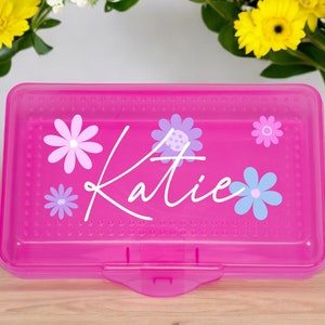 Personalized Plastic Pencil Box, Custom Name, 5 Designs, Assorted Colors, Snap Closure – Perfect for Back to School