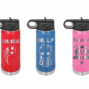 Personalized Kids Water Bottle with Straw, Back to School, 12 or 20oz Stainless Steel Custom Laser Engraved for Boys and Girls, Summer Camp