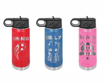 Personalized Kids Water Bottle with Straw, Back to School, 12 or 20oz Stainless Steel Custom Laser Engraved for Boys and Girls, Summer Camp