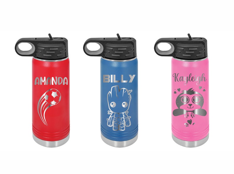 Personalized Kids Water Bottle with Straw, Back to School, 12 or 20oz Stainless Steel Custom Laser Engraved for Boys and Girls, Summer Camp