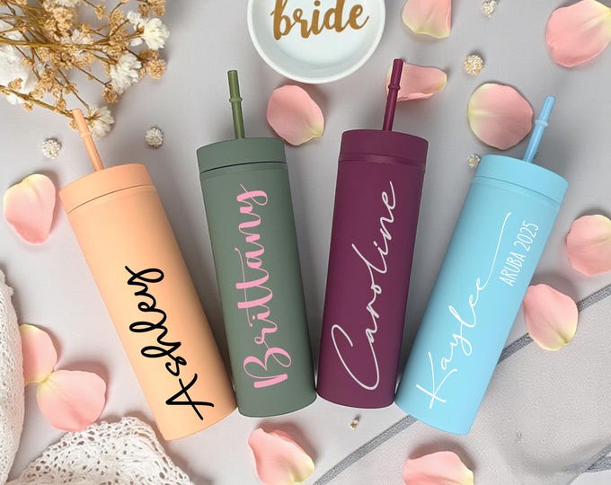 Personalized Bridesmaid Tumbler with Straw – Custom Wedding Party Cup – Bachelorette or Girls Trip Gift – Reusable Birthday Drinkware