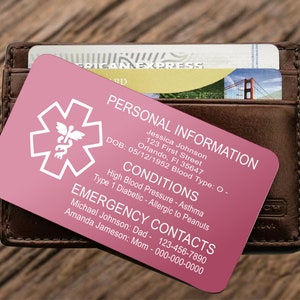Personalized Medical ID card, Custom engraved emergency contact card for wallet, Metal medical alert ICE card for medic conditions