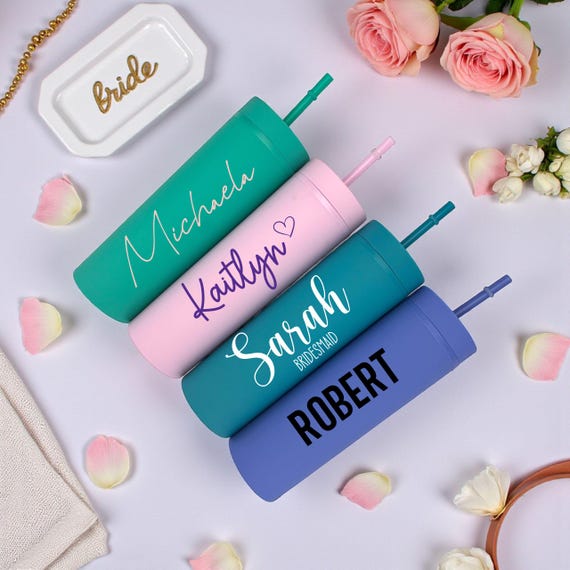Bridesmaid Gift Tumbler, Custom Name Tumbler with Straw, Personalized Wedding Cups, Bachelorette Party Favors, Girl's Trip, Birthday Cup