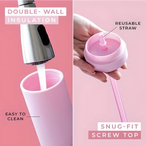 Puede incluir: Una botella de agua aislada de color rosa claro con una pajita reutilizable y una tapa de rosca. La botella se est&aacute; llenando de agua del grifo. El texto de la imagen dice: "Double-Wall Insulation", "Easy to Clean" y "Snug-Fit Screw Top".