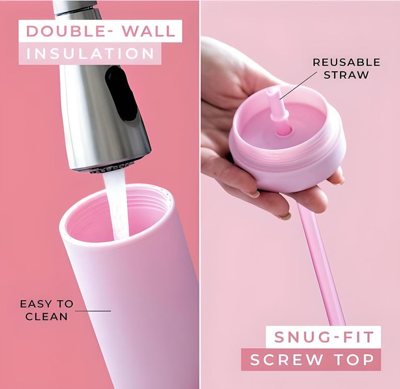 Puede incluir: Una botella de agua aislada de color rosa claro con una pajita reutilizable y una tapa de rosca. La botella se est&aacute; llenando de agua del grifo. El texto de la imagen dice: "Double-Wall Insulation", "Easy to Clean" y "Snug-Fit Screw Top".