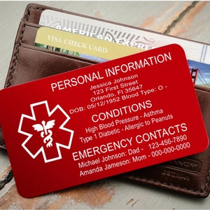 Tarjeta de identificación médica para billetera, tarjeta de contacto de emergencia grabada personalizada, tarjeta de alerta médica ICE personalizada de aluminio para afecciones médicas