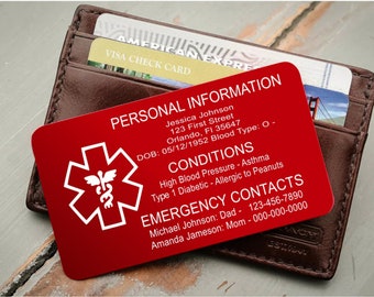 Medical ID card for wallet, Custom engraved emergency contact card, Aluminum personalized medical alert ICE card for medic conditions