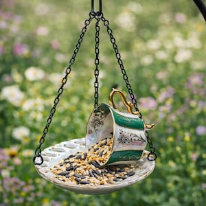Vintage Spilling Teacup Bird Feeder – Whimsical Garden Decor, Cottage Style Gift