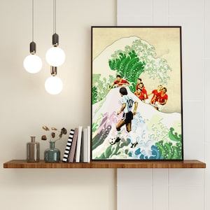 Diego Maradona gegen sechs belgische Spieler - Spanien WM 1982 - Die Große Welle vor Kanagawa - als ein auf dem Wasser wandelnder Messias Poster