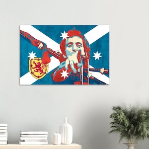 May include: A digital art print of a man singing into a microphone with a Scottish flag background. The flag is blue, white, and red with a yellow lion emblem. The man is wearing a red and white shirt and has a microphone in his hand.