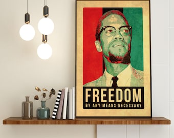 Malcolm X - Libertad por cualquier medio necesario - Poder negro - Islam - Colores de la bandera panafricana - Borde amarillo grueso - Póster sin marco