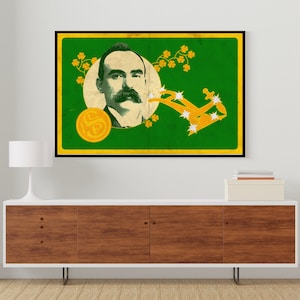May include: A vintage-style poster featuring a portrait of a man with a mustache, surrounded by shamrocks and a stylized anchor with stars. The background is green with a yellow border.