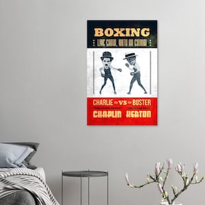 Charlie Chaplin and Buster Keaton boxing - Silent Movie Films - Celebrity - Poster