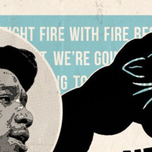 May include: Black and white illustration of a man with a black beret and a black panther. The text "Fight fire with fire best way we're going to do it" is visible in the background.