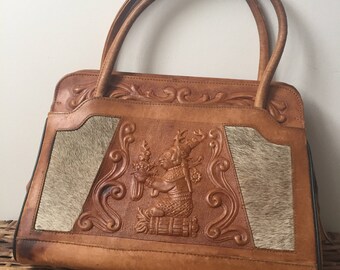 1970s Rare Mexican Tooled Leather and Natural Cowhide Purse