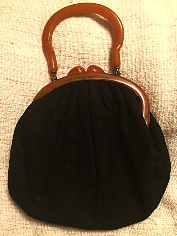 1940's Vintage Bakelite and Wool purse in black, a