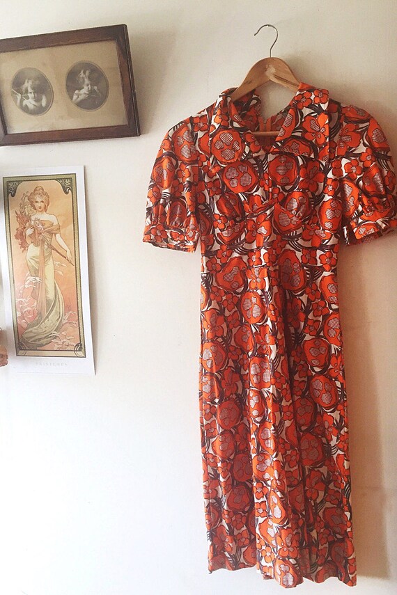 1970s Orange Floral Dress
