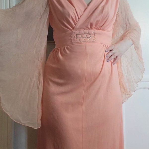 1960s Goddess Gown - Peach, Sheer Bell Sleeve Maxi Dress