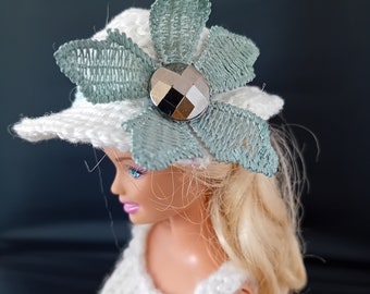 White crochet hat for Barbie, Skipper and similar size objects. Recycled flower trim. Hand made miniature hat. Decorative small tiny little