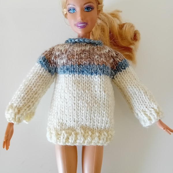 Cream sweater with contrasting yoke for Barbie and similar 12inch fashion dolls. Blue brown multi. Hand knitted jumper. OOAK Barbie clothes.