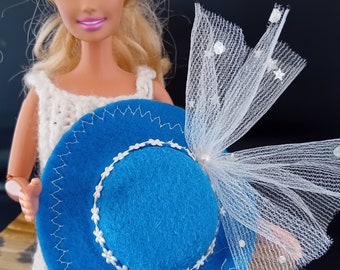 Blue felt hat,with white net and bead trim,fits Barbie doll and similar size ornaments. Hand made miniature hat. Tiny small little.