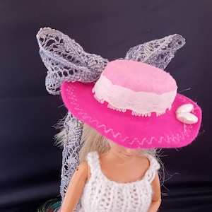 Two tone pink hat, grey lace bow and 2 bead trim. Fits popular 12inch dolls and similar size objects. Miniature decorative tiny handmade.