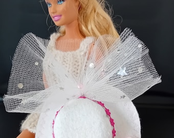 White felt hat with pink trim and big white net bow for Barbie and similar 12 inch dolls.   Hand made doll accessories. Miniature hat.