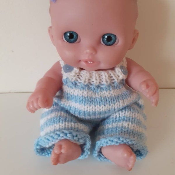 Blue and white striped romper for 9inch (23cms) baby doll. OOAK hand knitted dungarees for chubby doll. Baby doll clothes.