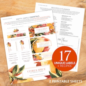 Op de afbeelding: Afdrukbare etiketvellen met een citruskruidenthema. De etiketten bevatten tekst als "Citrus Spice" en "All Purpose Cleaner". De afbeelding bevat ook een receptenplanner met 17 unieke etiketten en recepten.