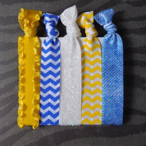 Three or Five Blue and Yellow Creaseless Elastic Hair Ties - Yellow w/ Ribbon Edges - Blue Chevron - White Glitter - Yellow Chevron - Denim