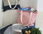 Ticking stripe and denim large tote bag shopping bag market bag in red, blue, green, pink or aqua. UK seller