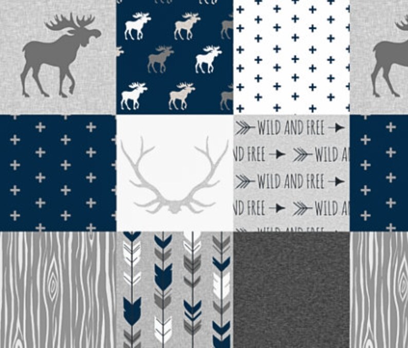 Moose Baby Blanket Navy Grey Gray Baby Boy Quilt Antler Arrow Wild Free Modern Minky Blanket Patchwork Woodland Crib Quilt Baby Boy Quilt