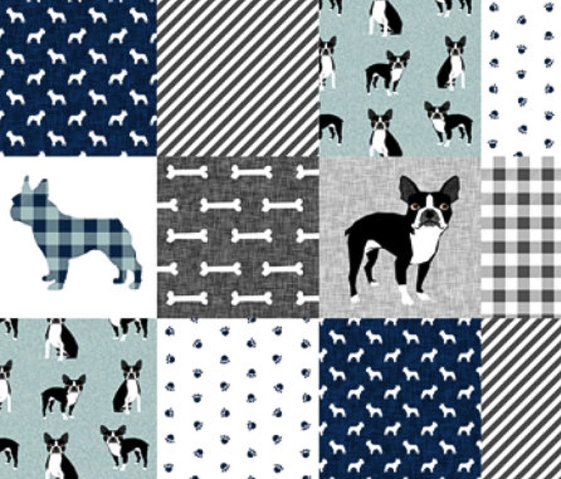 Dog Baby Quilt Boston Terrier Blanket Boy Navy Blue Grey Gray Crib Bedding Nursery Minky