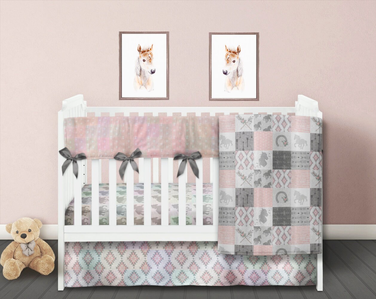Boho Crib Bedding Set Baby Girl Quilt Horse Baby Blanket Etsy