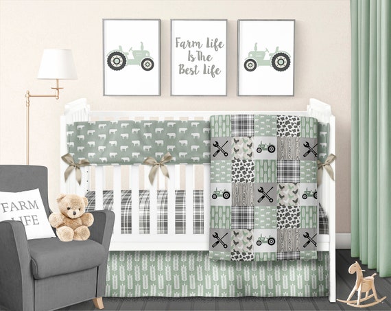 Farm Crib Bedding Set Nursery Sage Tan Cow Farm Crib Bedding Set Nursery, Farm Crib Bedding
