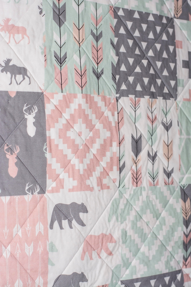 Woodland Crib Quilt Baby Girl Quilt Baby Girl Blanket Girl Crib Bedding Patchwork Quilt Wooodland Minky Purple Gray Deer Arrow Little One