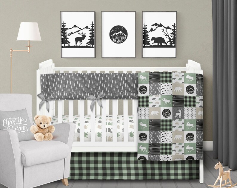 Rustic Crib Bedding Set Bear Moose Deer Plaid Mountain Baby Etsy