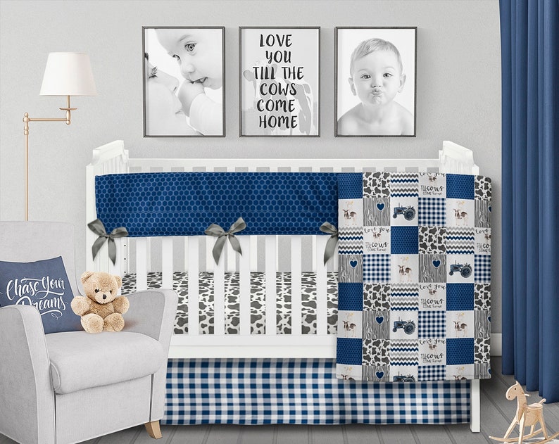 Farm Crib Bedding Set Boy Cow Tractor Baby Quilt Blanket Blue Navy Brown Nursery