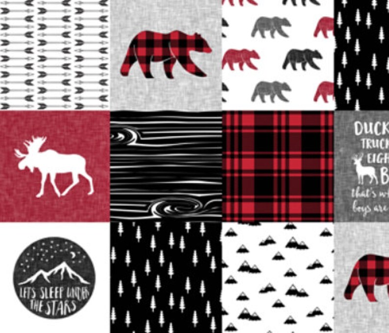 Lumberjack Baby Quilt Baby Boy Crib Bedding Minky Baby Blanket Rustic Baby Quilt Woodland Red Black Grey Gray Moose Deer Bear Plaid