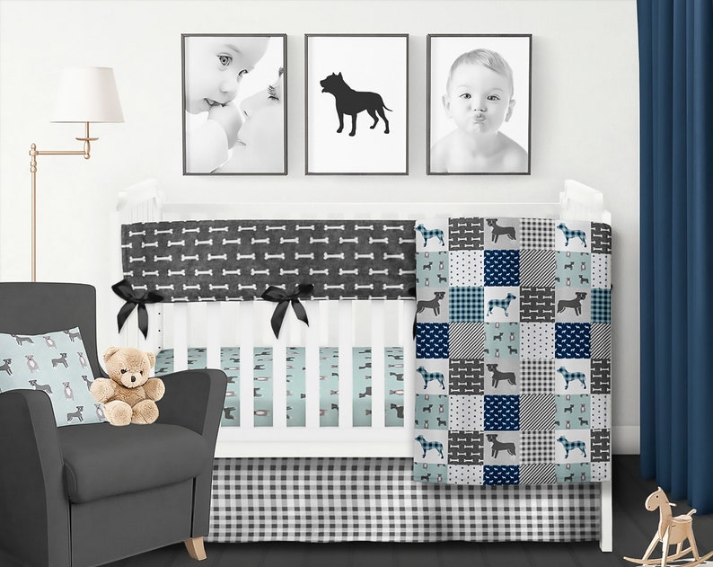 Dog Crib Bedding Set Pit Bull Blanket Puppy Boy Nursery Patchwork Navy Blue Gray