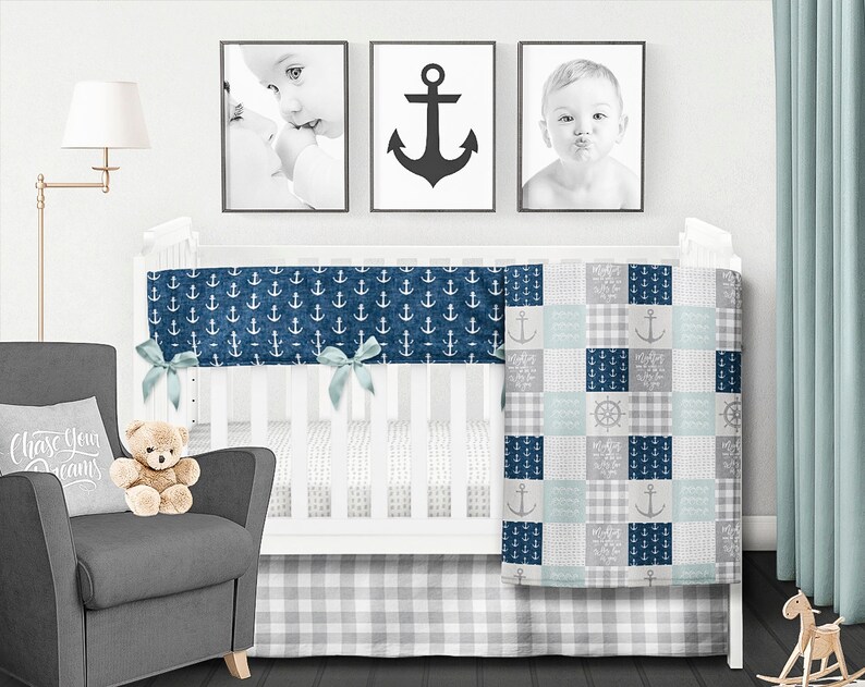 Nautical Crib Bedding Set Blue Baby Blanket Boy Nursery Patchwork Anchor Minky