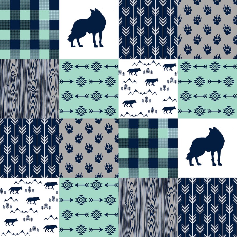 Wolf Crib Bedding Arrow Plaid Navy Mint Grey Boy Nursery Etsy