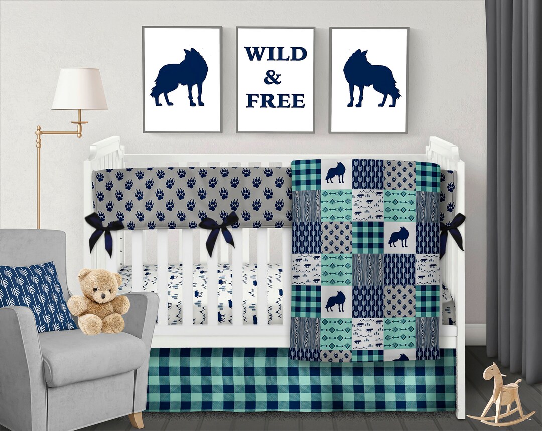 Wolf Crib Bedding Arrow Plaid Navy Mint Grey Boy Nursery Etsy