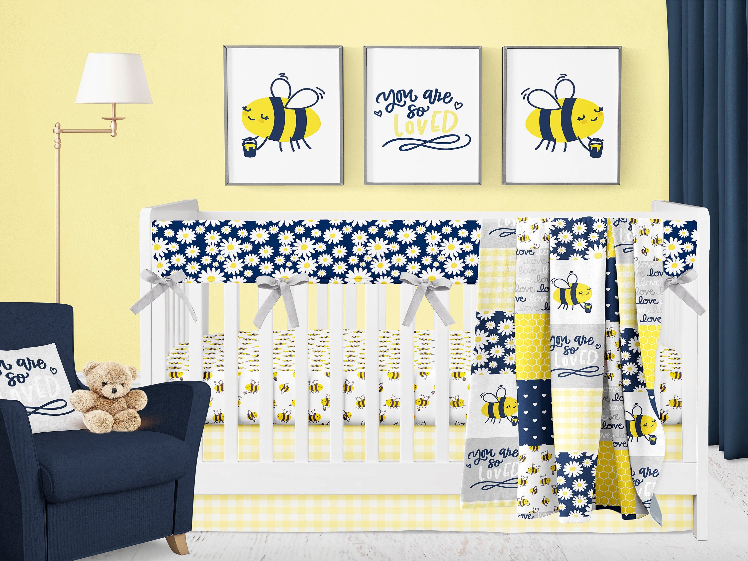 Bee Crib Bedding Set Girl Nursery Bedding Yellow Navy Grey Etsy
