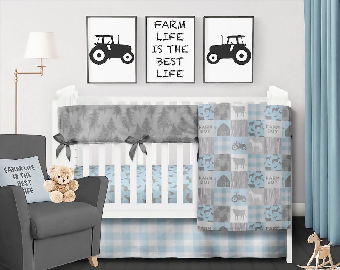 Farm Baby Bedding Boy Crib Bedding Set Tractor Cow Blue Grey Etsy